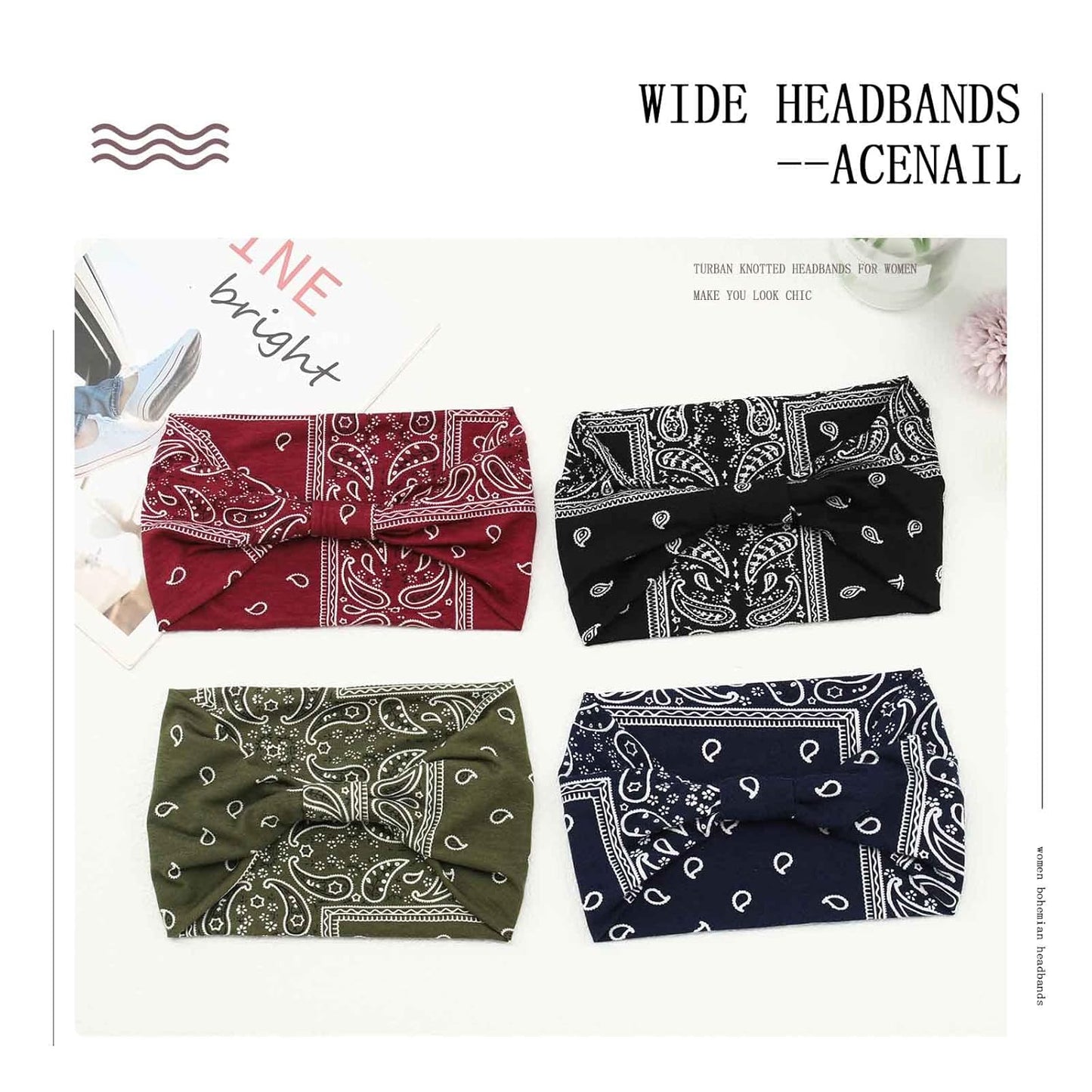 Acenail Wide Headbands Women Knotted Turban Headband Elastic Non Slip Hairbands Floral Workout Headbands Yoga Cotton Hair Scarfs Boho Head Wraps Fashion Hair Accessories for Women 4Pcs(Bohemian)