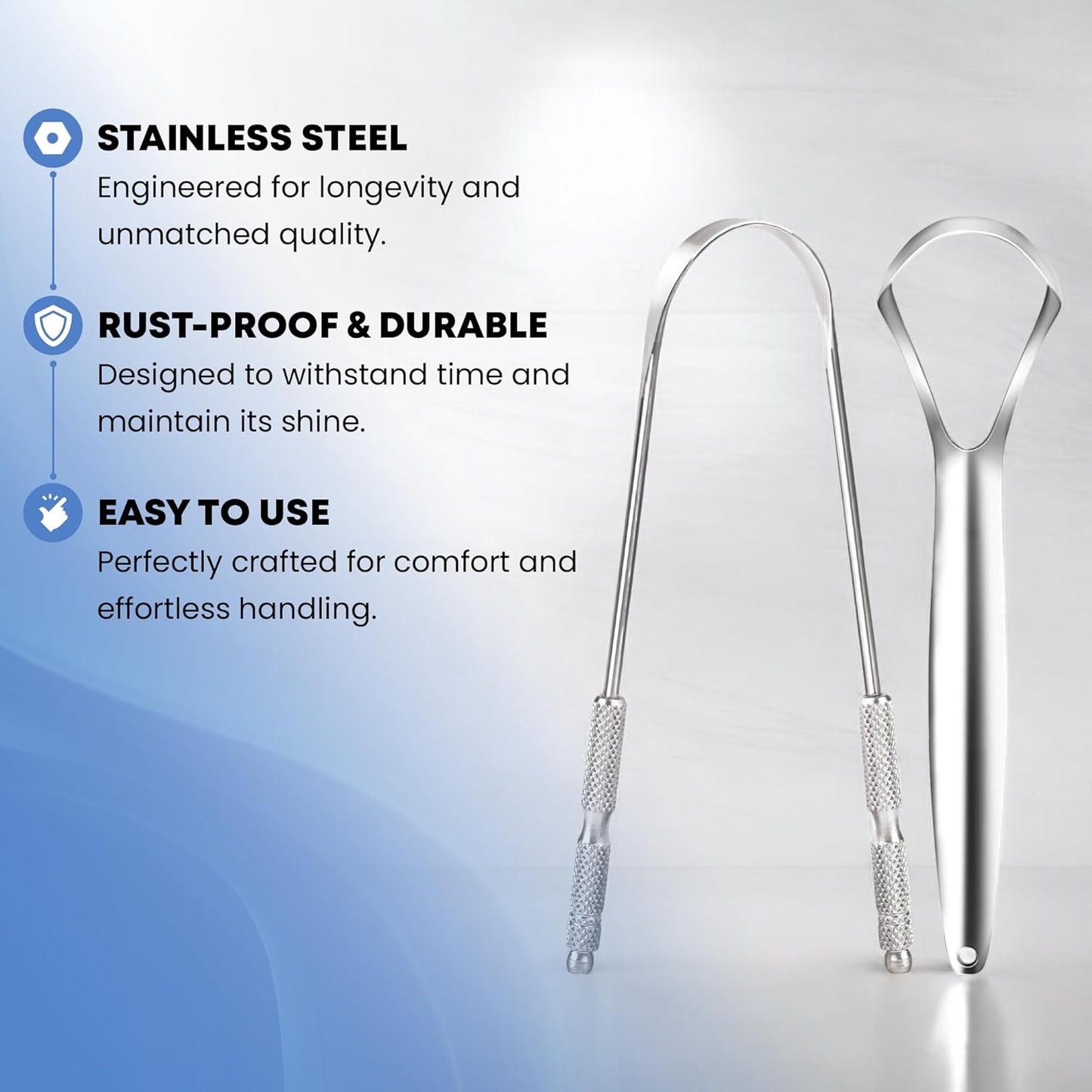 HOKIN Tongue Scraper for Adults with Travel Cases (2Pcs U & Spoon Combo Pack) - 100% Metal Tongue Cleaners, Tough Scrapers for Oral Hygiene