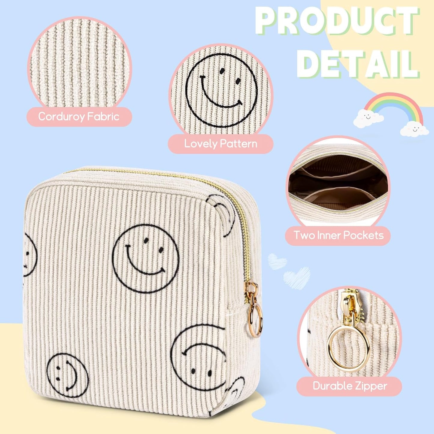 Period Bag for Teen Girls - Shark Week Pouch - Corduroy Portable Sanitary Pad Bags - Holds 6-10 Pads - Pink