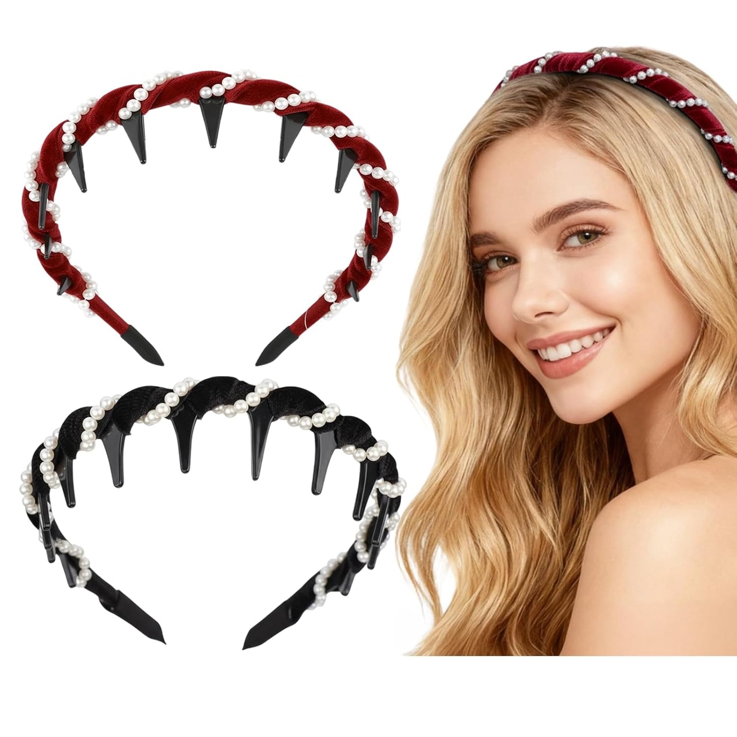 Vintage Pearl Headbands for Women - 3/2 Pack Comfortable High Cranium Hair Band with Non-Slip Teeth | Boho & Elegant Hair Accessories for Wedding, Party, Work, Date, Daily Wear, Gift for Her