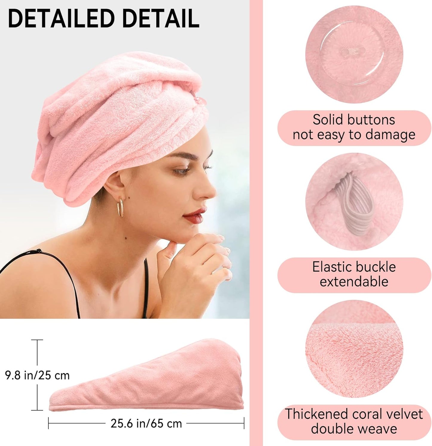 2 Pack Microfiber Hair Towel,Quick Dry Hair Towel Turbie Wrap for Women Kids,Super Absorbent Fast Head Wraps Drying Towel with Button for Wet Curly Hair(Pink 25.6x9.8 Inch)