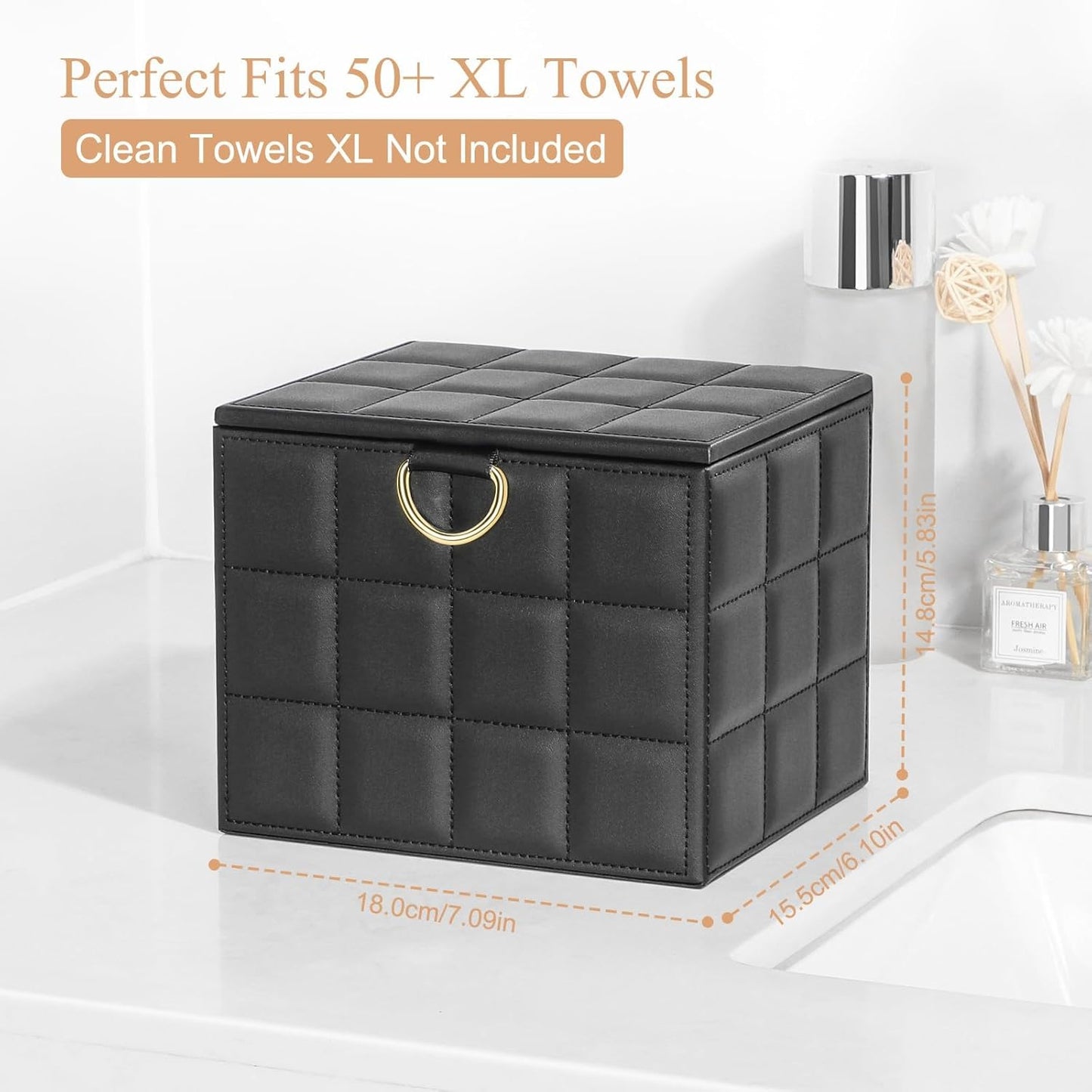 Disposable Face Towel Holder Box, Black PU Leather Container for XL Clean Skin Club Face Towels, Reusable Organizer for Clean Skin Towel Makeup Wipe Holder Counter Bathroom Organizers and Storage