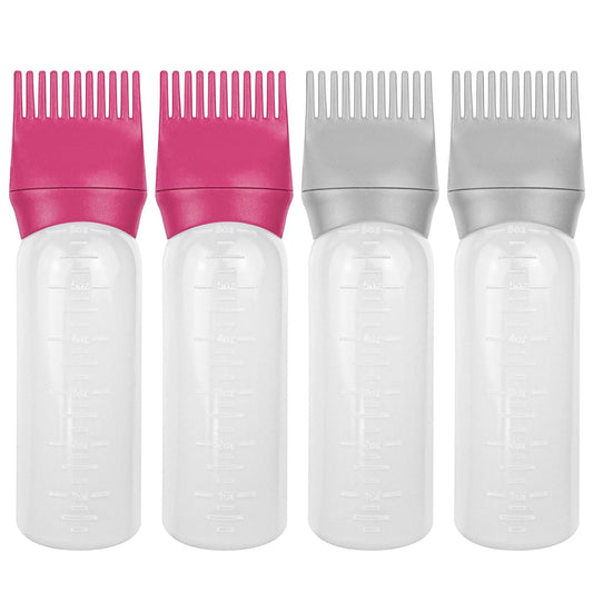 ELANE 4 Pcs Root Comb Applicator Bottle, 6oz, Grey+Red, Perfect for Home, Salon, Travel, Camping, Hair Care, Salon Competitions