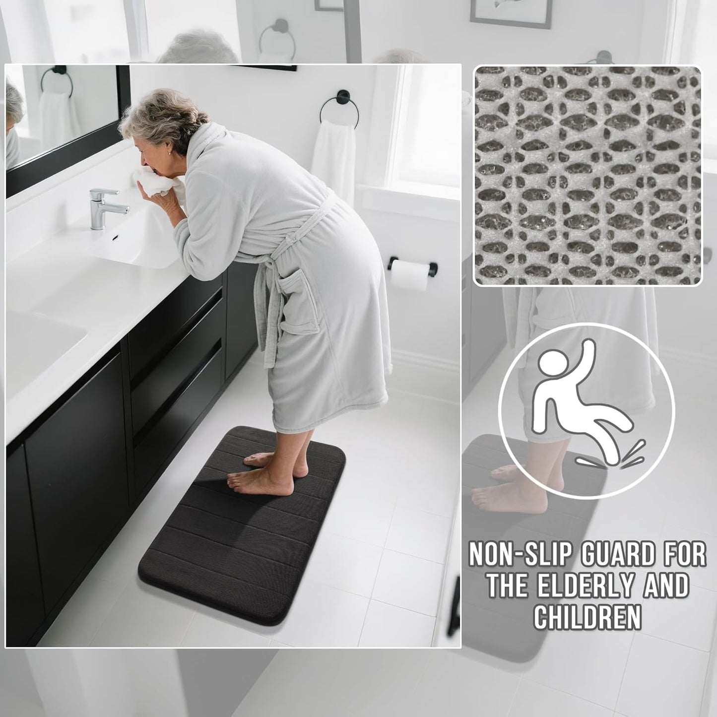 Yimobra Memory Foam Bath Mat, Super Soft Absorbent Bathroom Rug Non Slip 24x17 Inch, Quick Dry, Machine Washable Floor Carpet for Tub Shower, Home Decor Accessories, Black