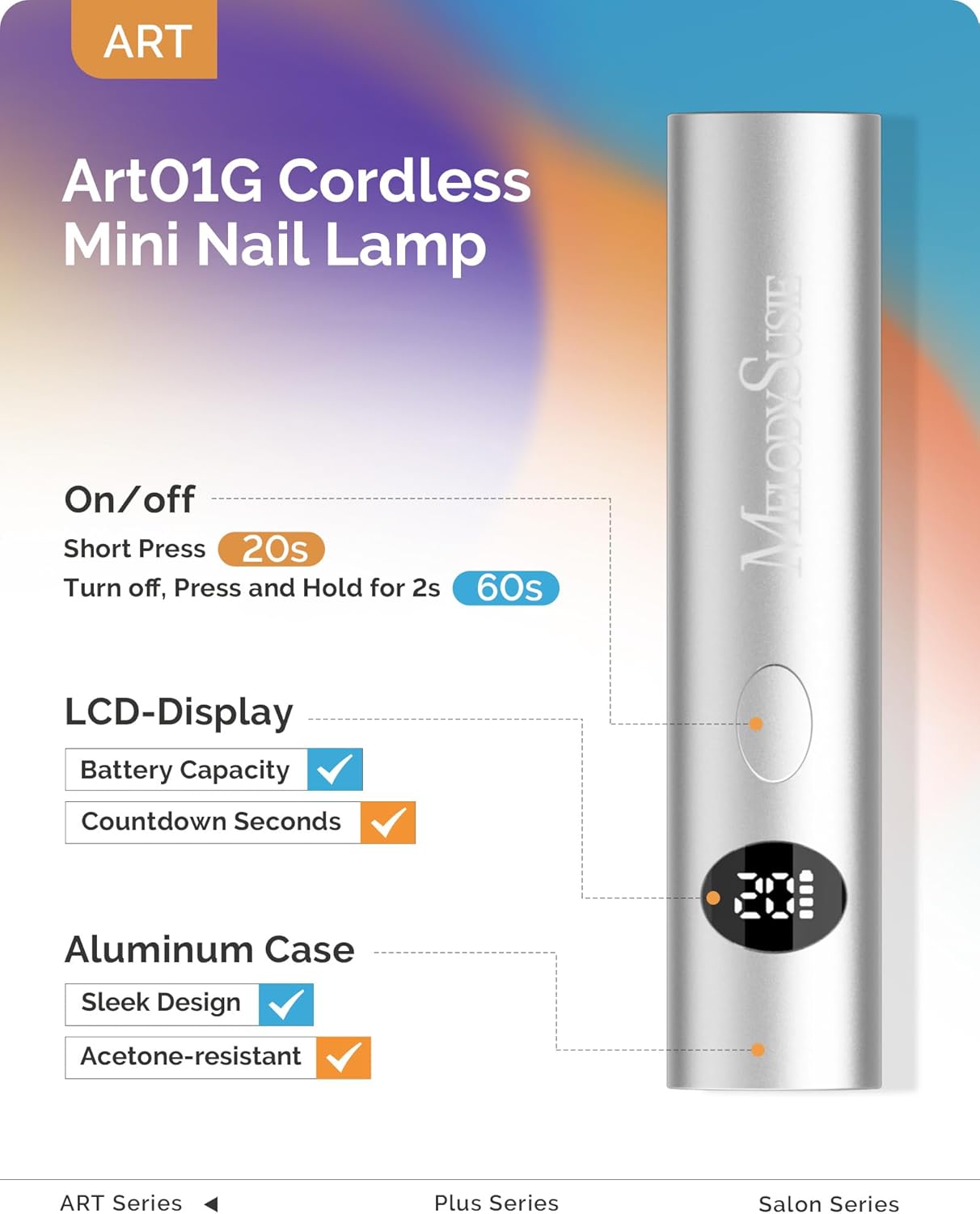 MelodySusie Handheld UV Light for Gel Nails, ART01G Cordless Gel X Nail Lamp, Rechargeable Flash Cure Nail Dryer with LCD Display, 2 Timers for Rhinestone Glue DIY at Home, Acetone Resistant, Silver