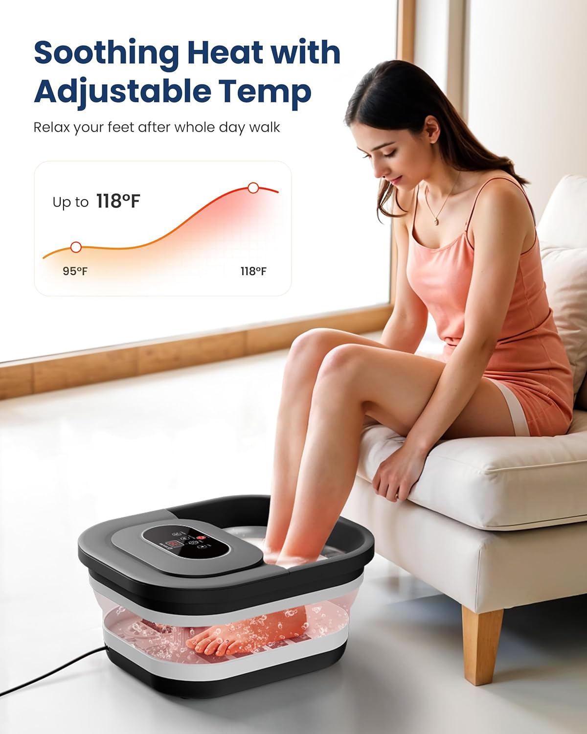 COMFIER Collapsible Foot Spa Bath Massager with Heat, Pedicure Foot Spa with Bubbles, Red Light, Pumice Stone and Shiatsu Massage Rollers, Heated Bath Spa for Relaxation and Stress Relief (Black)