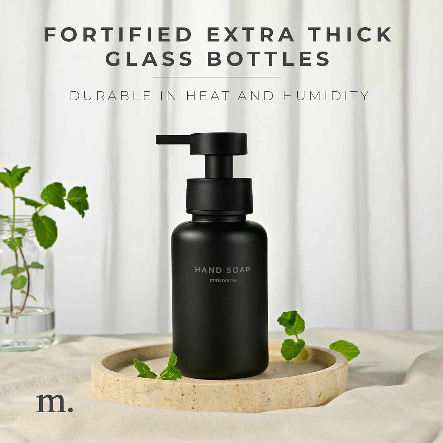 MaisoNovo Glass Foaming Hand Soap Dispenser 14 Oz | Black Foaming Soap Dispenser Black Plastic Pump x 1 w/Labels