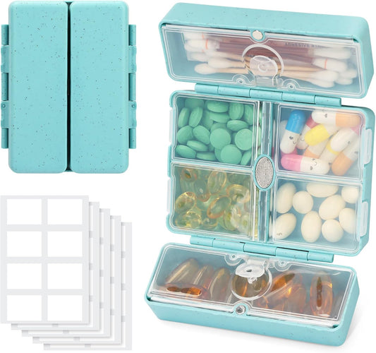 Zentiky Small Daily Pill Organizer with Labels, Medicine Pill Organizer Fit with Your Purse or Pocket for Travel to Hold Vitamin, Fish Oil, Supplement,Cotton Swabs, Bandages or Jewelry-Blue