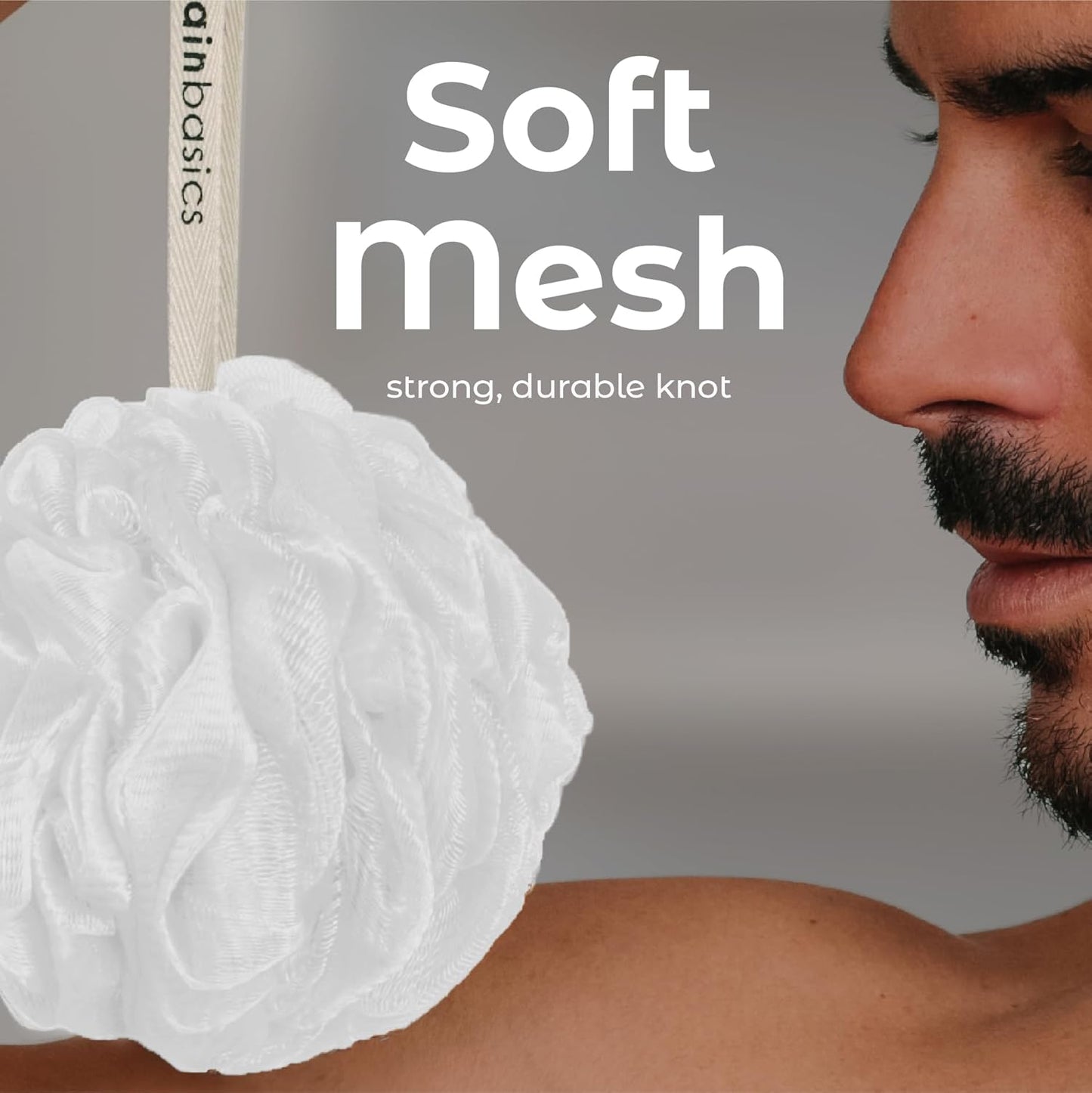 MainBasics Bath Shower Loofah Sponge Pouf Body Scrubber Exfoliator Body Wash Sponge (Set of 3, Snow White)