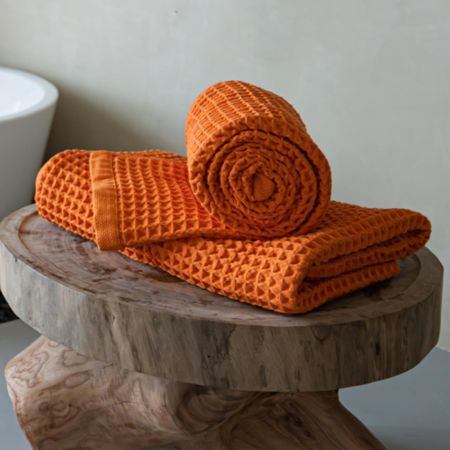 Luxury Japanese Cotton Waffle Bath Towel | Plush, Absorbent, and Quick Dry | Free Storage Bag Included (Coral Orange, Bath Sheet (2 Pack))