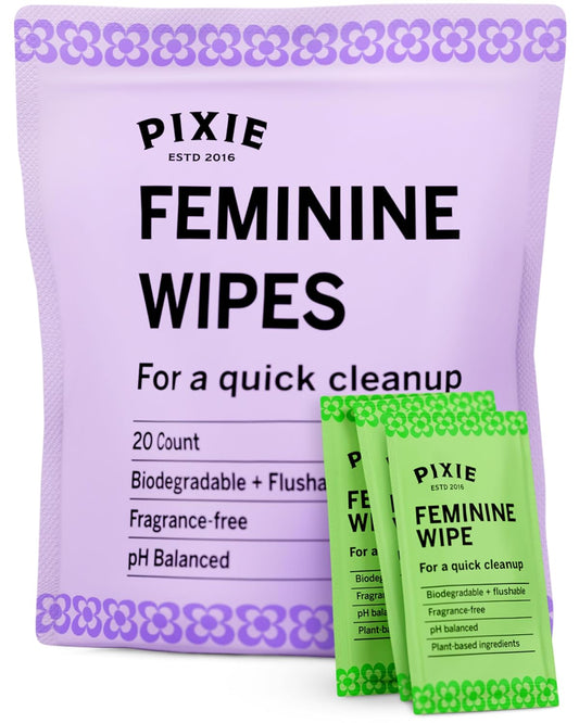 Pixie Feminine Wipes - Flushable, Biodegradable, & Ph Balanced - Best Individually Wrapped Packet Wipes for On The Go & Public Bathrooms - Wash, & Cleaner For Your Menstrual Cups & Discs (20 Count)