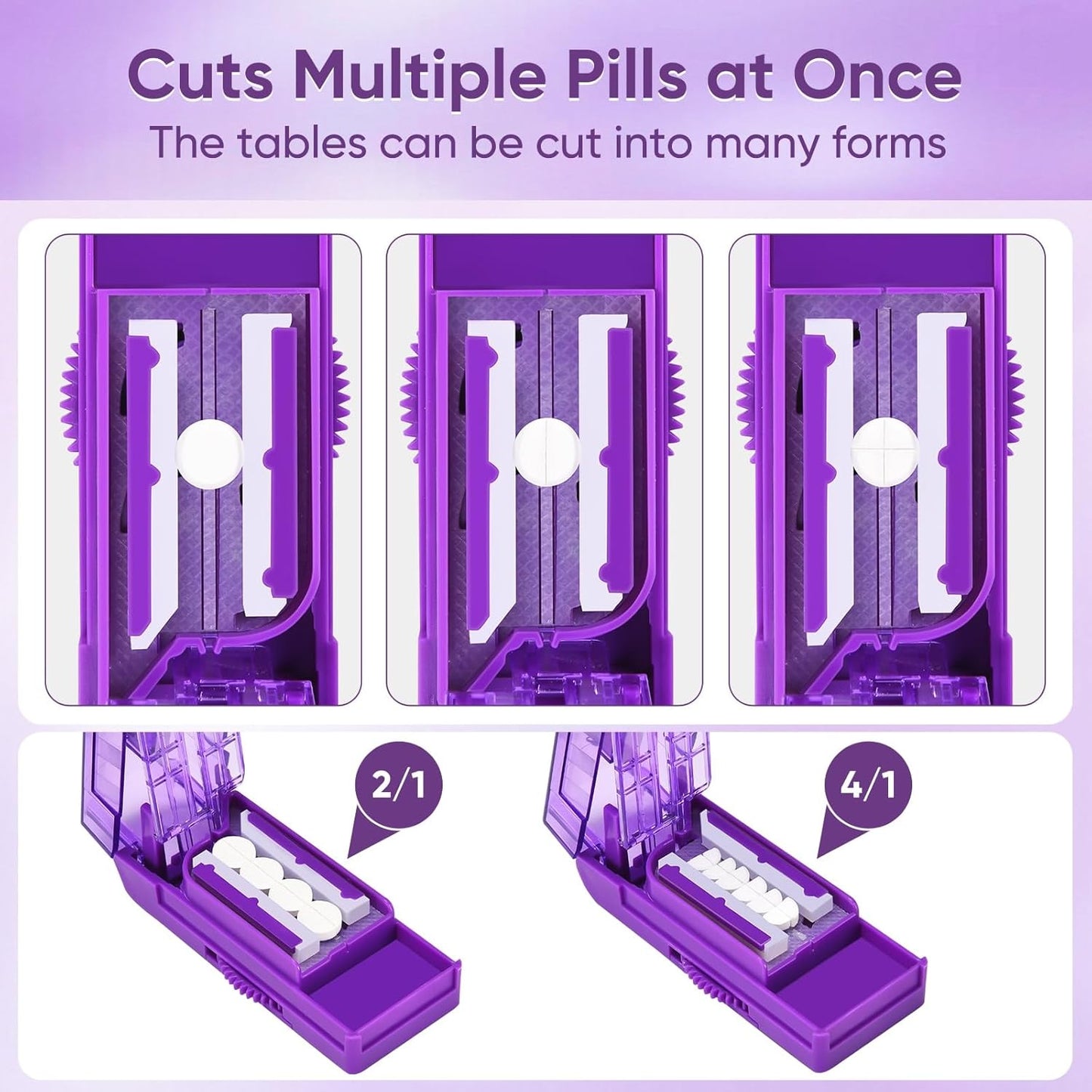 Multiple Pill Cutter for Small or Large Pills, Adjustable Pill Splitter for Multi Tablets, Stainless Steel Cutting Blade and Blade Guard (Purple)