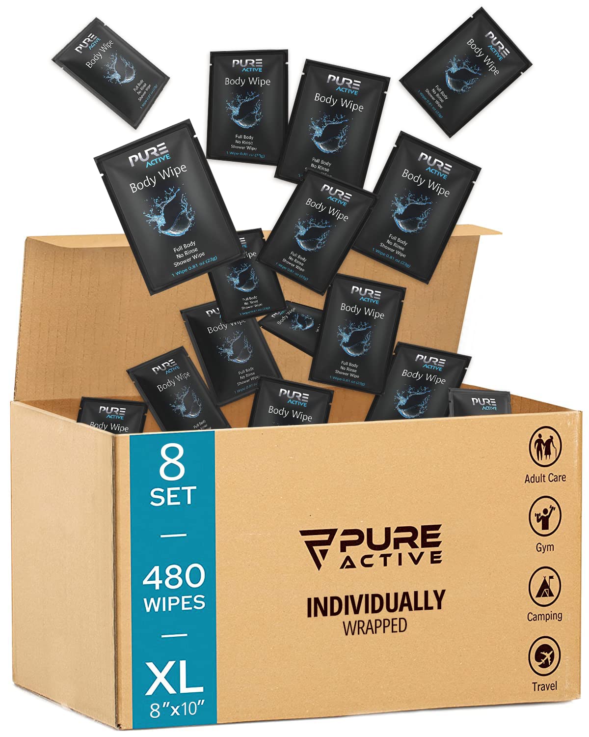 Shower Body Wipes, 480 Individually Wrapped Personal Hygiene Body Cleansing Wipes for Women and Men, Keep Clean After Gym Travel Camping Outdoors Sports