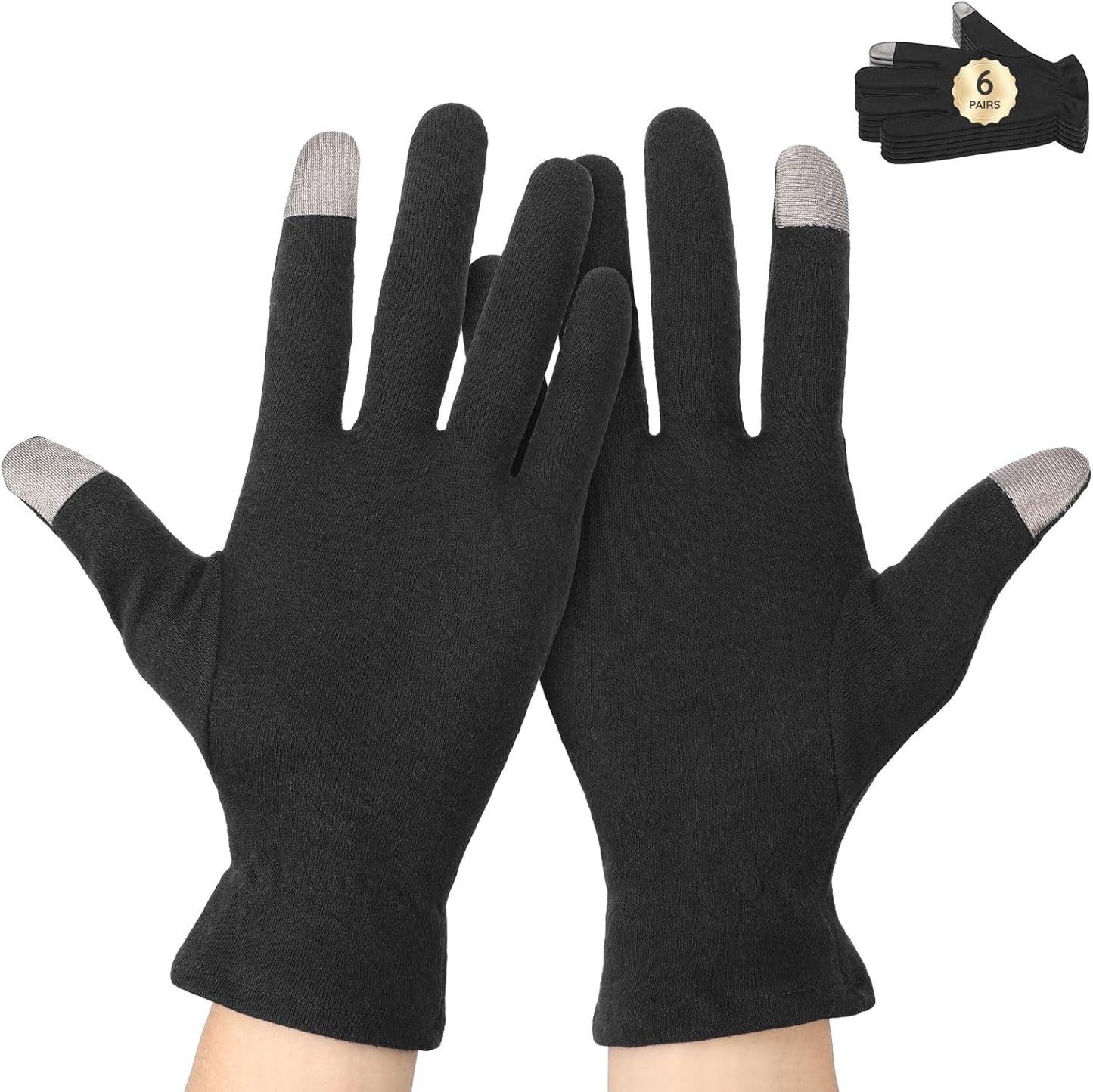Segbeauty 12 Counts Touchscreen Gel Cotton Gloves Black with Elastic Band, 6 Pair Touch Screen Hand Moisturizing Cotton Gloves for Dry Hands Sleeping Overnignt, Reusable Hand Care Moisture Sleep Glove