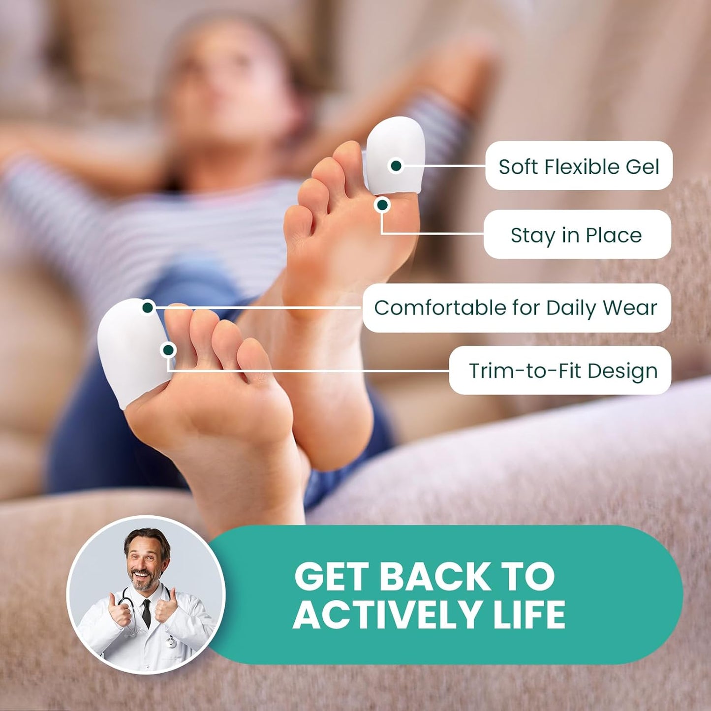 Welnove Gel Toe Cap and Protector - Silicone Toe Covers - Toe Cushions for Pain Relief, Missing or Ingrown Toenails, Corns, Calluses, Blisters (8 Large, White)