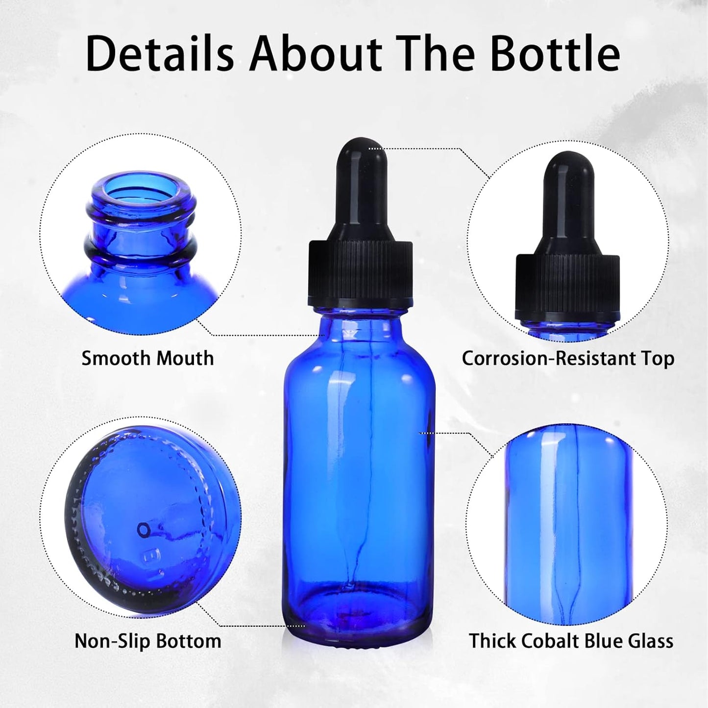 48 Pack 1oz Cobalt Blue Glass Bottles with Glass Eye Droppers for Essential Oils, Perfumes & Lab Chemicals (Brush, Funnels, 2 Extra Droppers, 54 Pieces Labels & 30ml Measuring Cup Included)