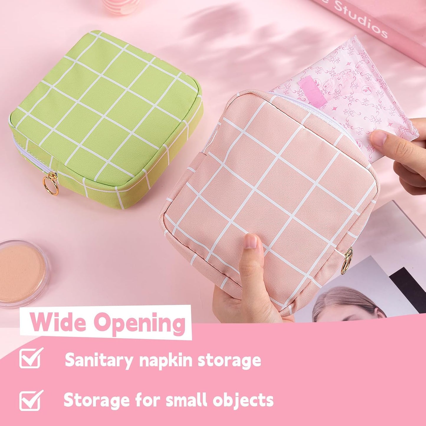 Desing Wish Period Bag Pouch Soft Cloth Sanitary Napkin Storage Bag Portable Menstrual Pad Pouches Tampon Holder for Purse First Period Kit for Girls 9-12 (Purple-White Check)