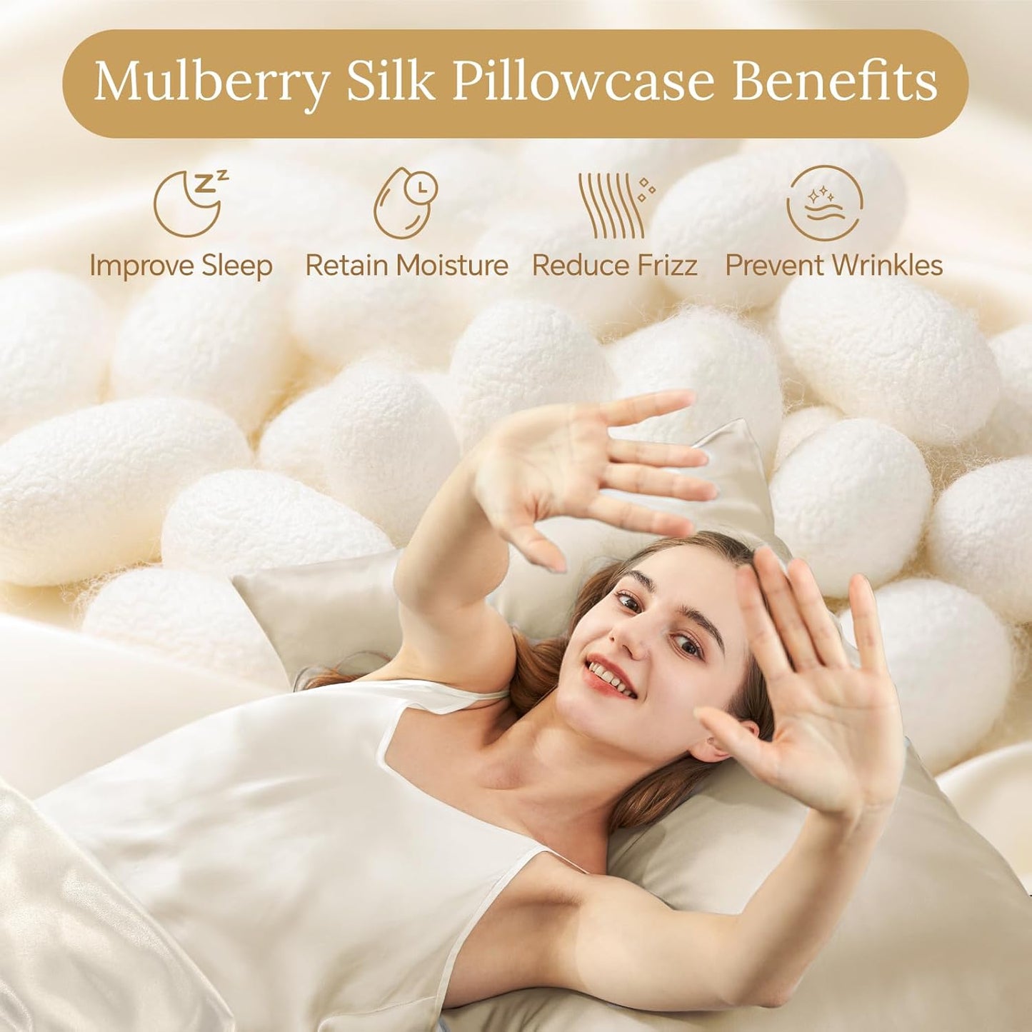 INFIIXSO Mulberry Silk Pillowcase for Hair and Skin, Silk Pillow Cases Queen Size Set of 2 with Hidden Zipper 20x30 Inches, Ultra Smooth and Soft Cooling Pillow Cases for Hot Sleepers(Beige, 2 Pack)