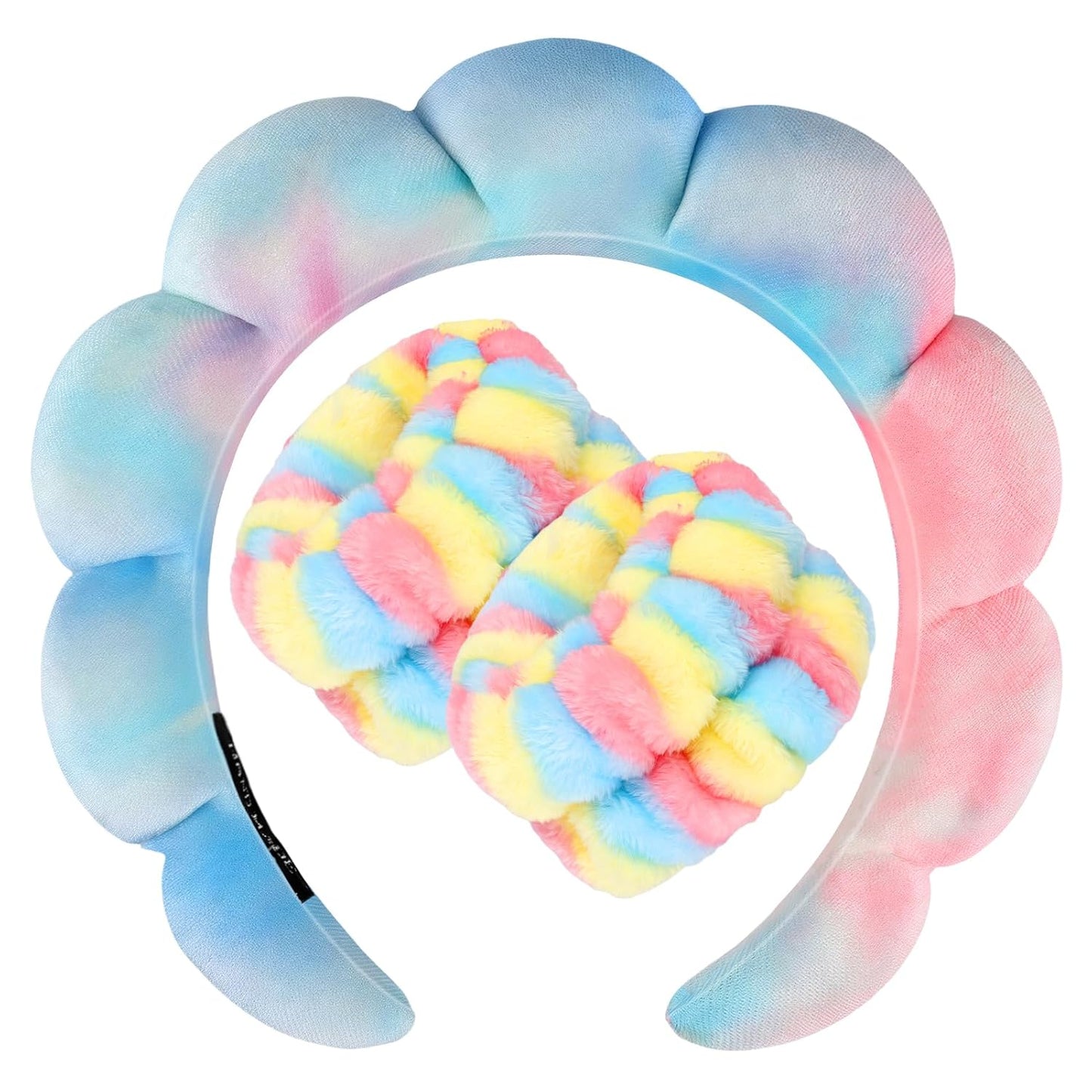 Zkptops Spa Headband for Washing Face Wristband Set Sponge Makeup Skincare Velvet Fabric Bubble Soft Get Ready Hairbands for Women Puffy Headwear Non Slip Thick Thin Hair Accessory (Pink Tie Dye)