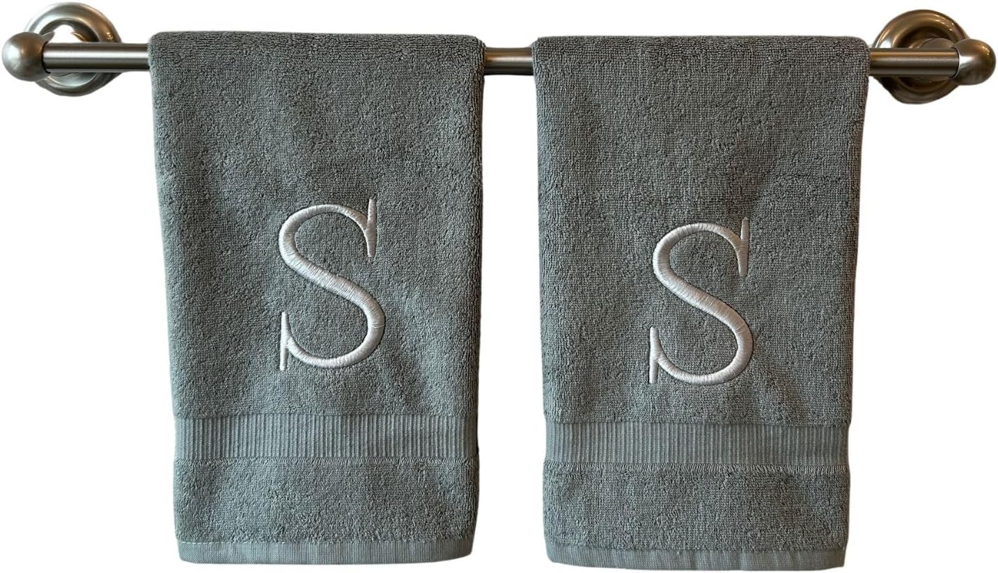 Gray Initial Hand Towel for Bathroom - Monogrammed Luxury Hotel Quality Decorative Embroidered Towel for Powder Room, Spa - GOTS Organic Certified - Set of 2 Silver Letter S