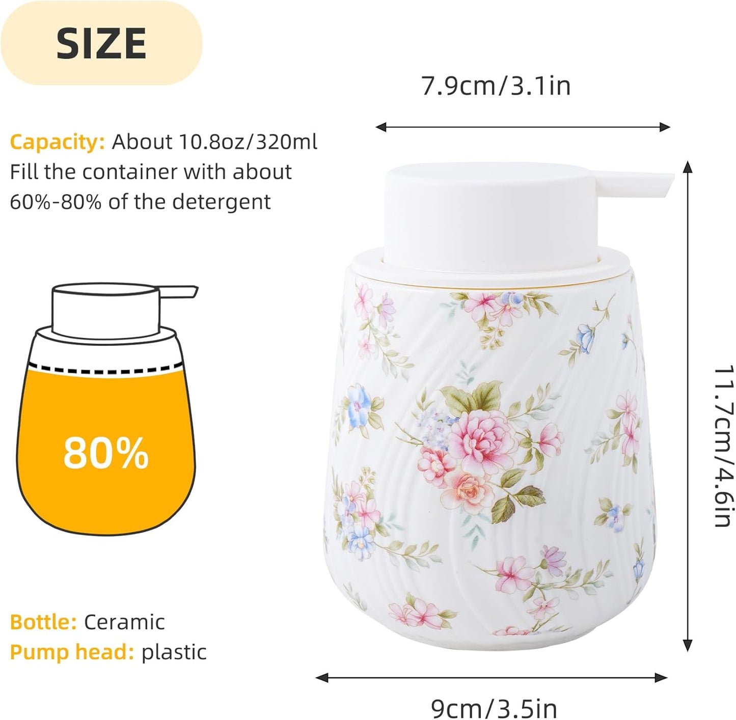 Foam soap Dispenser with Pump,13.5 oz foaming Hand soap Holder with Easy-to-Press Pump for Bathroom refillable Liquid Hand soap Dispenser (Foam-Little Flowers)
