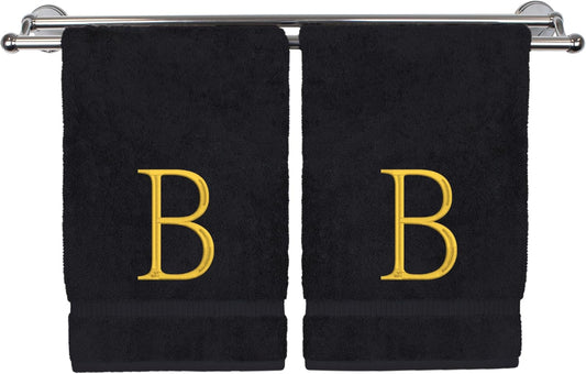 Monogrammed Hand Towel, Personalized Initial Gift, Extra Absorbent 100% Turkish Cotton - Soft Terry Finish - Set of 2 - Gold Block Initial B - Embroidered on Black Towels