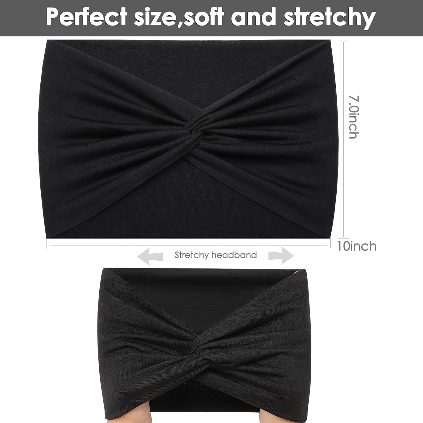 Extra Wide Headbands for Women, 7'' Large Cotton Like Turban Knotted Bandana Head Bands for Women Non Slip, Boho Headbands for Women's Hair (All Black-6Pcs, Extra Large 7" Wide)