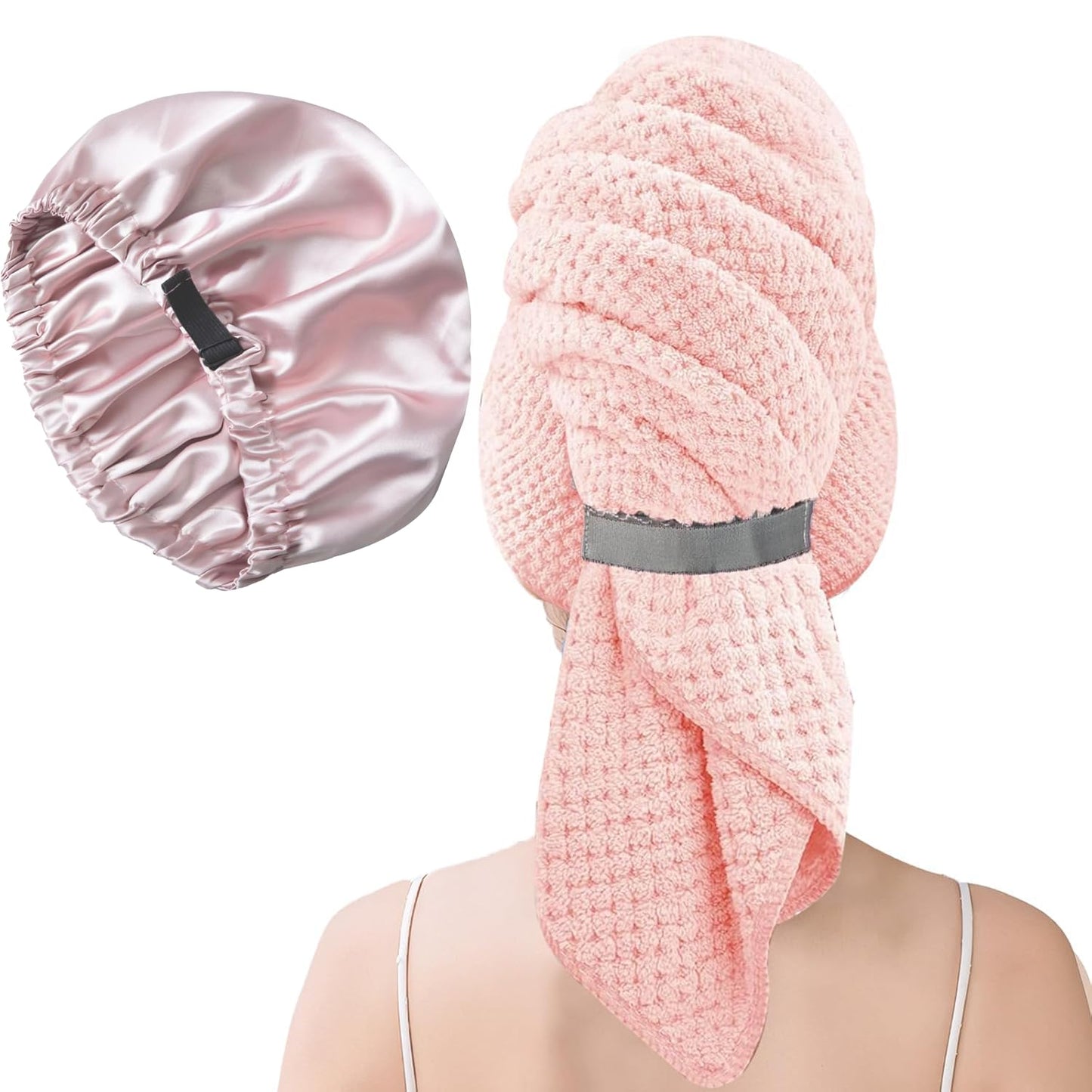 2-in-1 Large Microfiber Hair Towel Wrap & Satin Bonnet Set - Ultra Absorbent Turban 24 * 42 Inches & Adjustable Night Cap for Curly Hair, Prevents Frizz & Breakage (Pink)