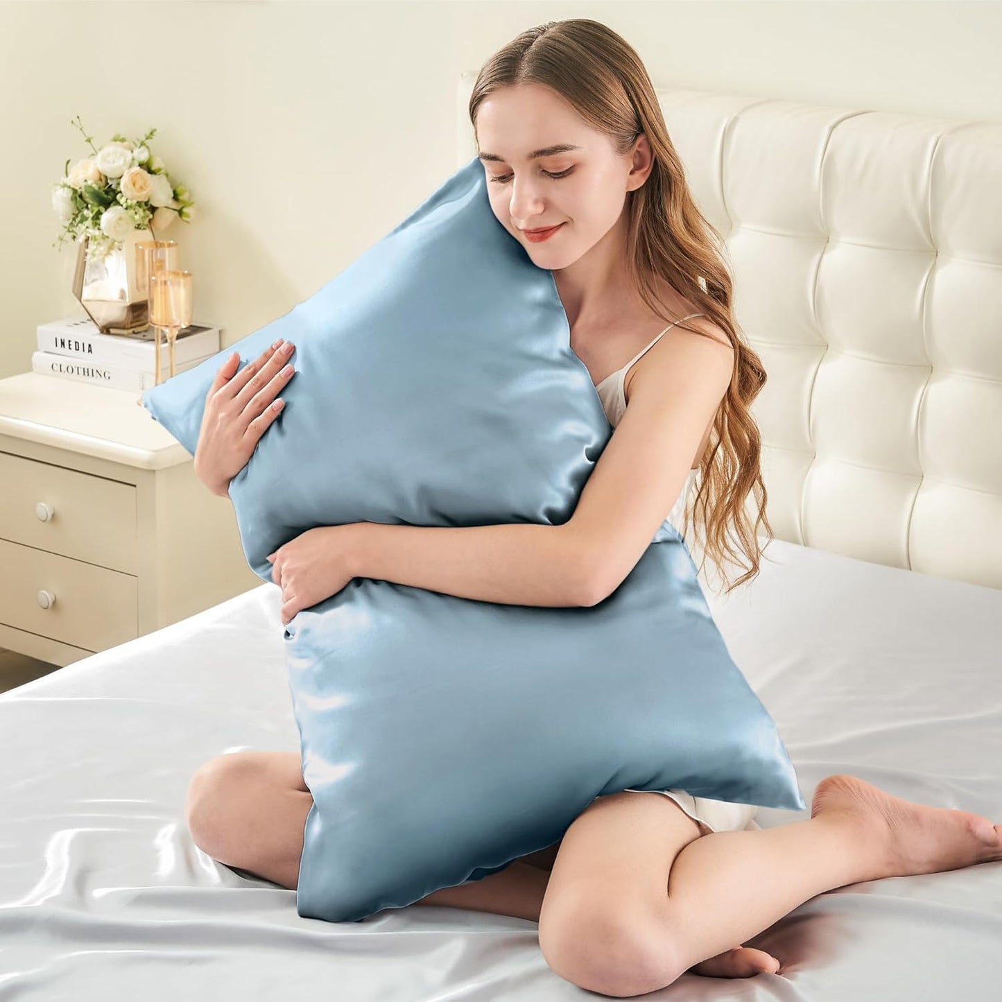 INFIIXSO Mulberry Silk Pillow Case for Hair and Skin, Silk Satin Pillowcase Standard Size with Hidden Zipper 20"x26", Extraordinary Smooth and Soft Cooling Pillow Cases for Hot Sleepers, Airy Blue