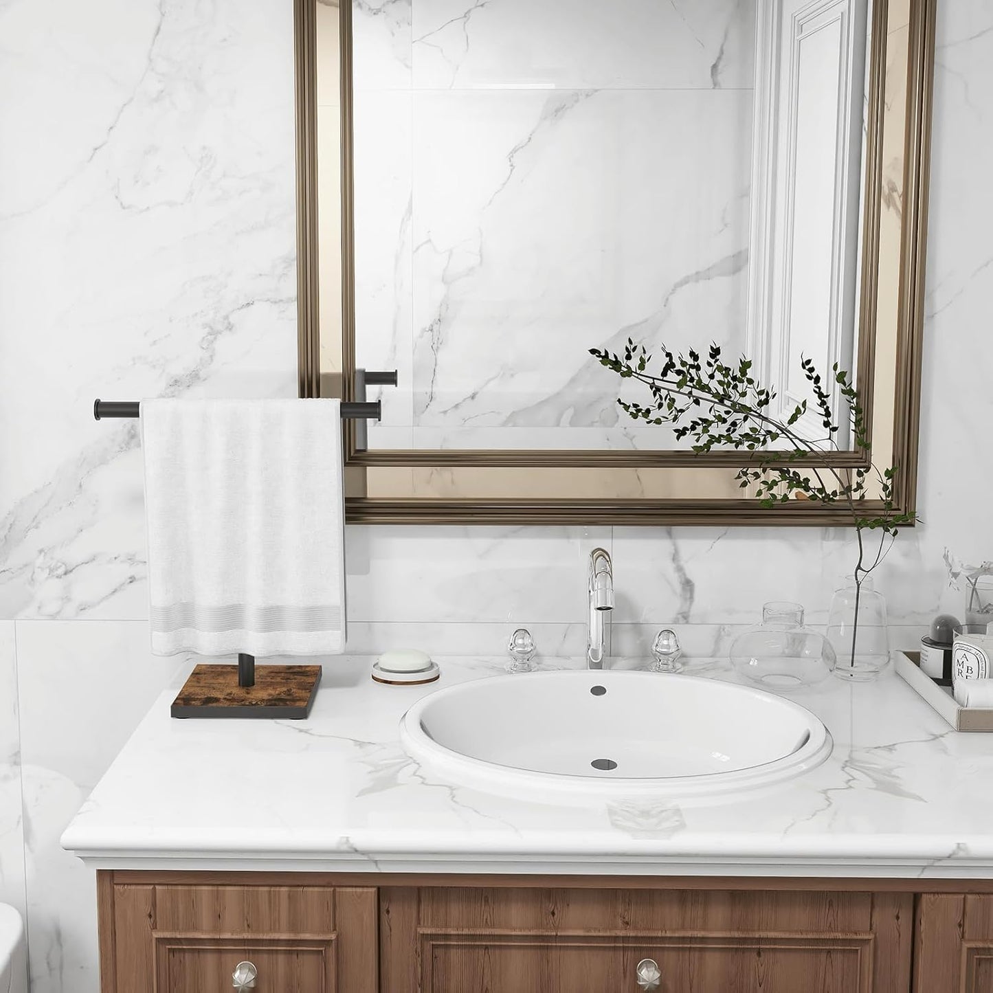 Hand Towel Holder Stand, Bathroom Hand Towel Rack with Weighted Base, T-Shape Standing Towel Racks, Farmhouse Countertop Towel Stand for Kitchen Counter, Rustic Black Brown