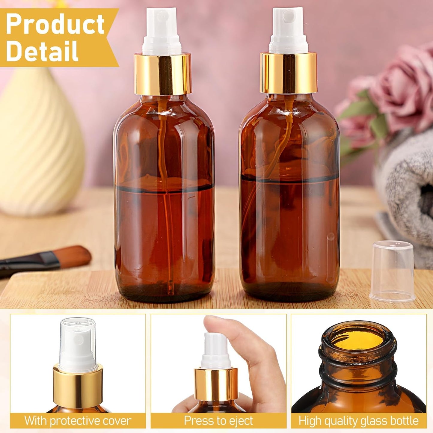 Maxcheck 50 Pieces 4oz Small Glass Spray Bottles for Essential Oil Empty Spray Mist Bottle Empty Fine Mist and Refillable Mister Refillable Liquid Containers for Perfumes, Cleaning(Brown, Gold)