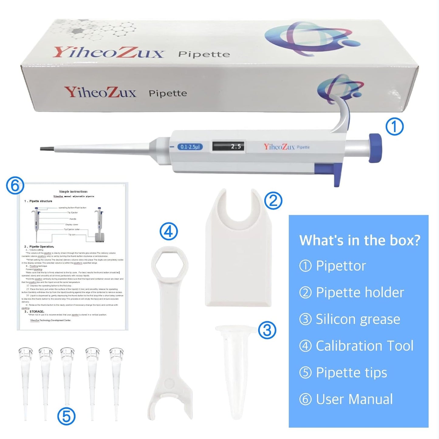0.1-2.5uL Single Channel Pipette Manaul Adjustable Variable Volume Laboratory High Accurate Lab Micropipette