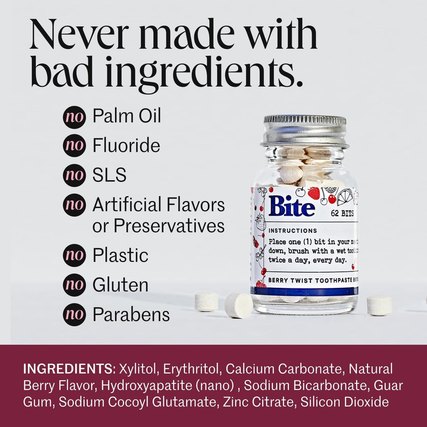 Bite Whitening Toothpaste Tablets – Nano Hydroxyapatite & Xylitol (Berry Twist) | Sensitive Teeth & Kid-Friendly | No Fluoride, Vegan, Cruelty-Free | Travel-Size | 2 Bottles (124 Bits) | Made in USA