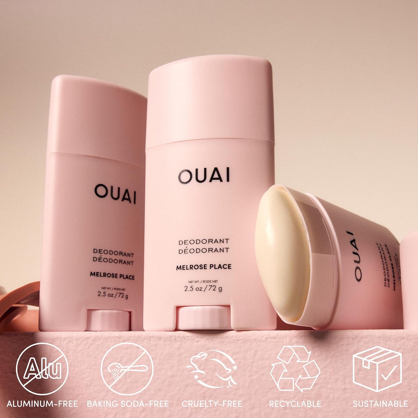 OUAI Aluminum Free Deodorant - Women's Deodorant with 24-Hour Odor Control & Invisible Application - Enriched with Notes of Rose, Berry, Lychee & Pink Peppercorn - Melrose Place (2.5 oz)