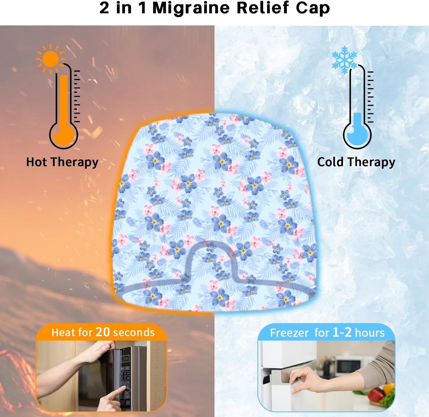 Migraine Relief Cap, Gel Cooling Eye Mask, Cooling Gel Relief 2 Pack Set, Headache Relief with Hot/Cold Gel, Instant Headache Relief, Reusable Gel Eye Mask Ice Pack for Stress Relief