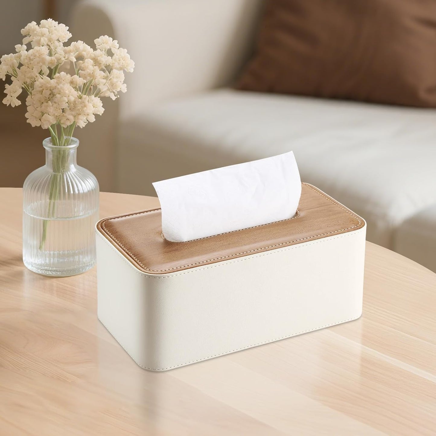 KINGFOM Tissue Box Cover, PU Leather Tissue Box Holder Rectangular, Modern Facial Tissue Paper Napkin Dispenser for Bathroom, Home, Office, Car Automotive Decoration with Magnetic Lid Light Beige