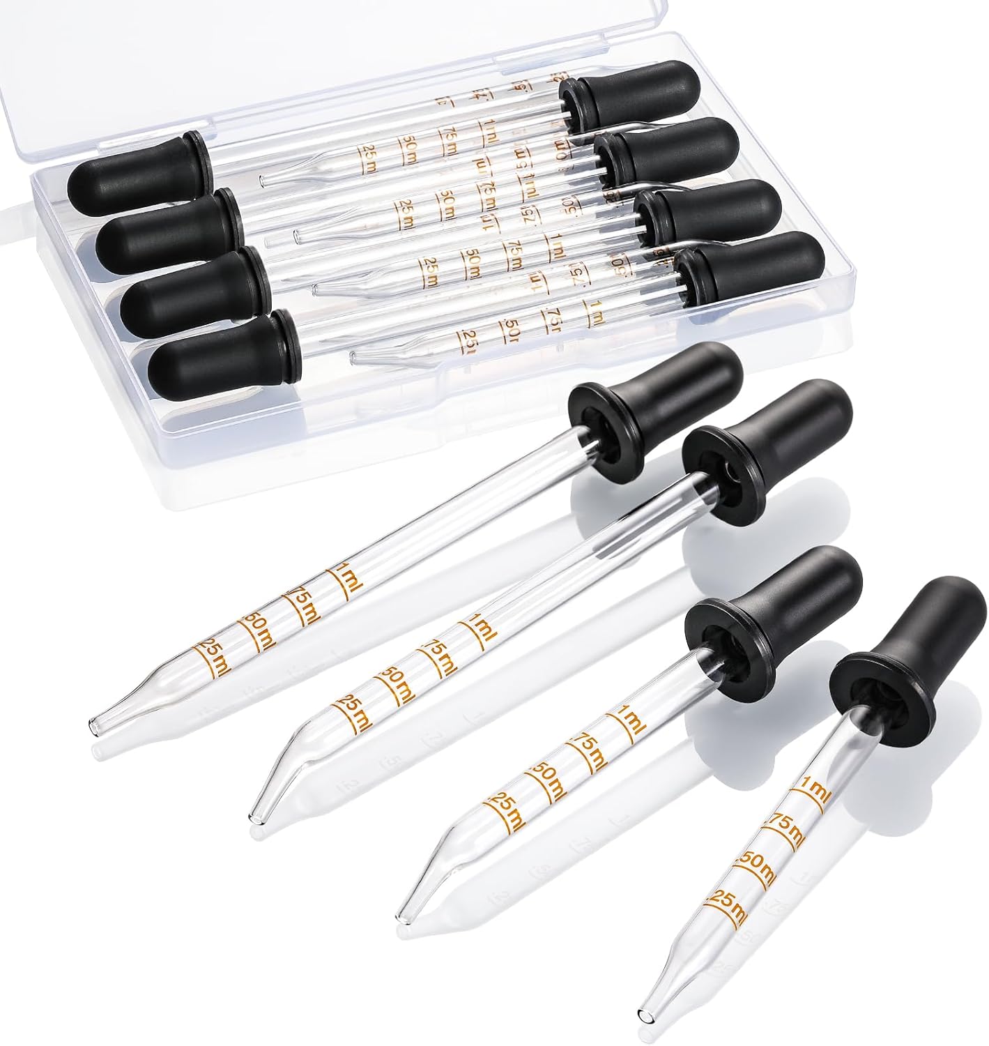 8 Pack, 1 mL Glass Eye Dropper with Measurement - Long & Short, Bent & Straight Tip Calibrated Glass Medicine Droppers, Accurate Dose Pipette Dropper for Essential Oils, Feeding, Ear, Lab, Health Care