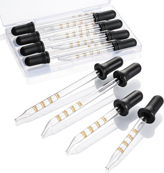 8 Pack, 1 mL Glass Eye Dropper with Measurement - Long & Short, Bent & Straight Tip Calibrated Glass Medicine Droppers, Accurate Dose Pipette Dropper for Essential Oils, Feeding, Ear, Lab, Health Care