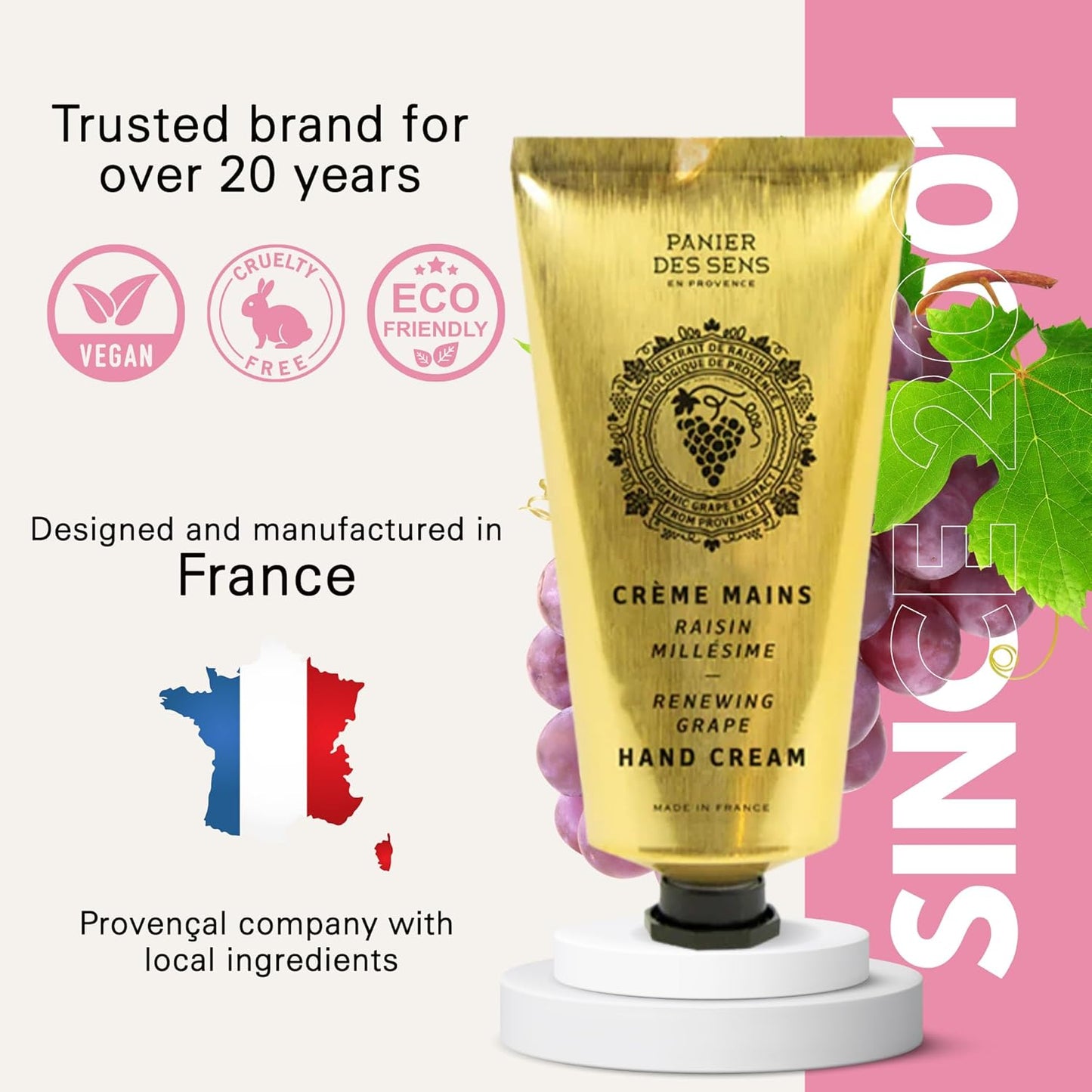Panier des Sens - Hand Cream for Dry Cracked Hands - Grape Hand Lotion with Shea Butter & Grape Seed Oil - Vitamin E Skin Moisturizer with 97% Natural Ingredients - Made in France, 2.5 fl oz