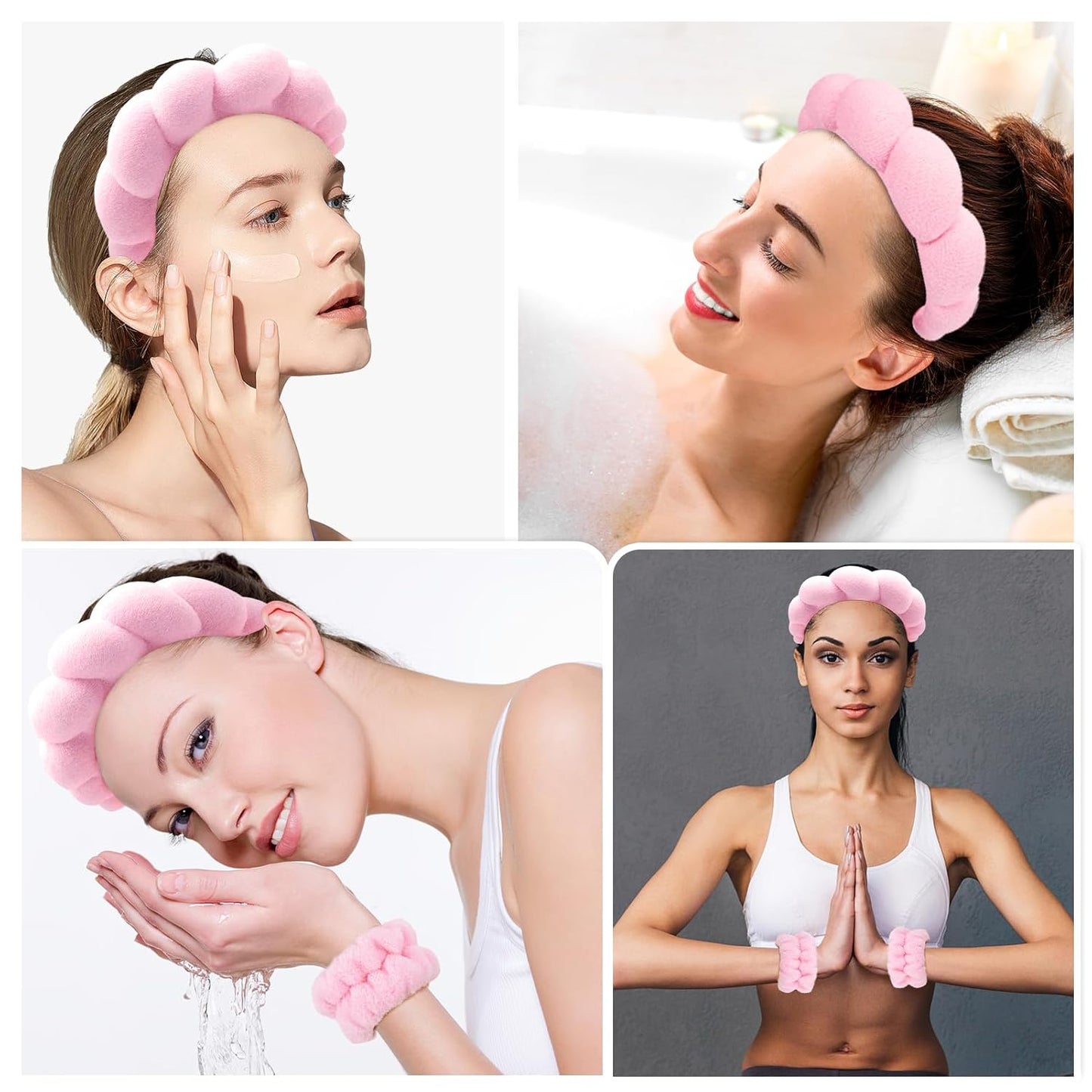 Zkptops Spa Headband for Washing Face Wristband Set Sponge Makeup Skincare Headband Terry Cloth Bubble Soft Get Ready Hairband Women Girl Puffy Padded Headwear Non Slip Thick Hair Accessory(Pink-2)