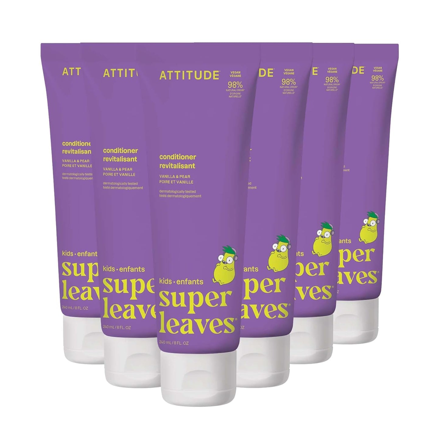 ATTITUDE Hair Conditioner for Kids, Dermatologically Tested Products, Plant- and Mineral-Based Detangler, Vegan, Vanilla and Pear, 8 Fl Oz (Pack of 6)