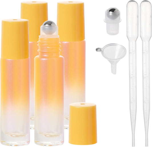 Essential Oil Roller Bottles, 10ml Thick Glass Perfume Roller Bottles with Funnel Opener and Dropper Colored Glass Empty Bottles with Stainless Steel Roller Balls (Orange, 4 Pack)