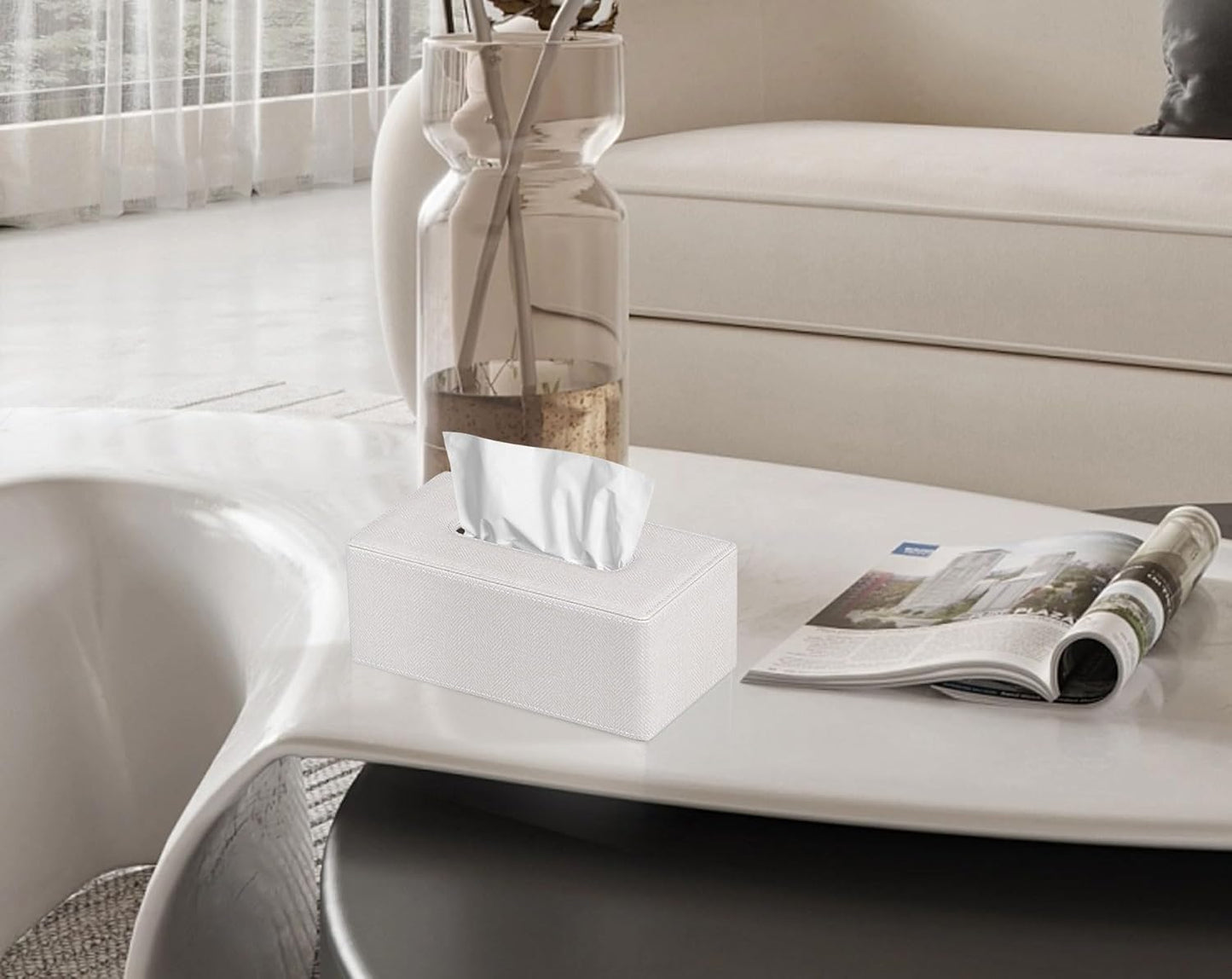 Tissue Box Cover Rectangular 9.8"(L) x 5.3"(W) x 4.3"(H) Refined Modern PU Leather Facial Tissue Dispenser Box Holder for Dresser Bathroom Decorative (Linen Beige)