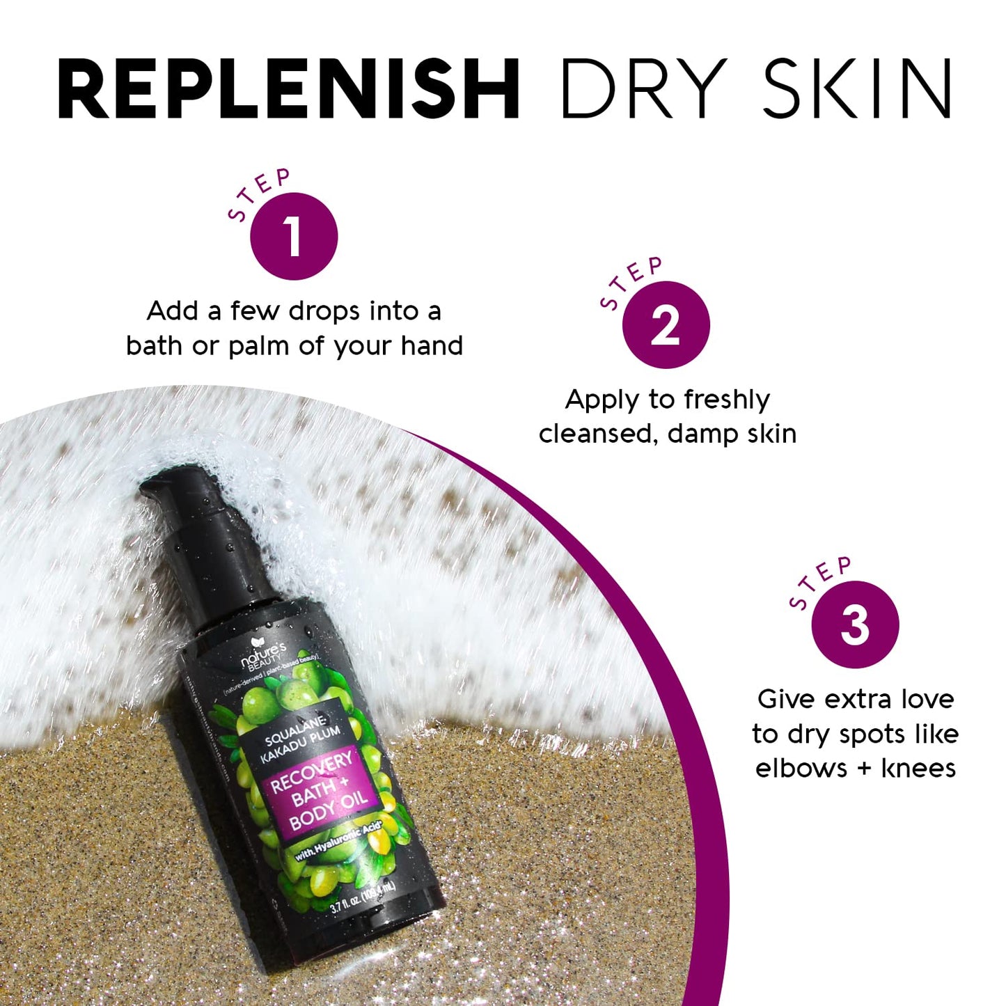 Nature's Beauty Squalane Kakadu Plum Recovery Bath + Body Oil Multi-Pack - Restore & Nourish your Skin, Quick-Absorbing, Made w/Hyaluronic Acid + Vitamin C + Almond Oil, 3.7 fl oz (2 Pack)