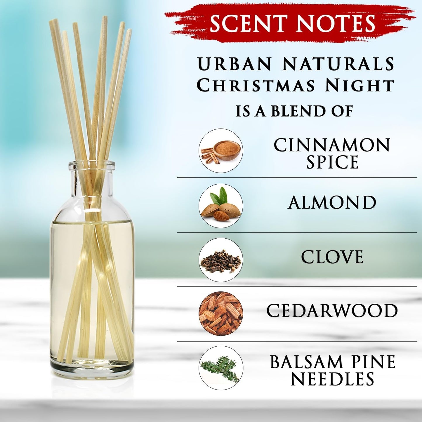 Urban Naturals Christmas Night Reed Diffuser Set - Cinnamon Spice, Almond, Clove, Cedarwood, Fresh Balsam and Fir Needle - Made in The USA