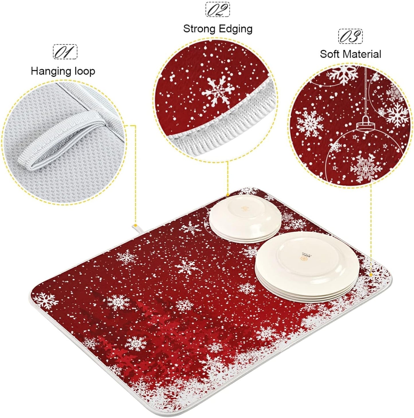 Dish Drying Mat for Kitchen Counter 18 x 16 Inch Romantic Christmas Snowflake on Red Microfiber Dish Mat Drying Pad Absorbent Dishes Pad Dish Drainer Rack Mats