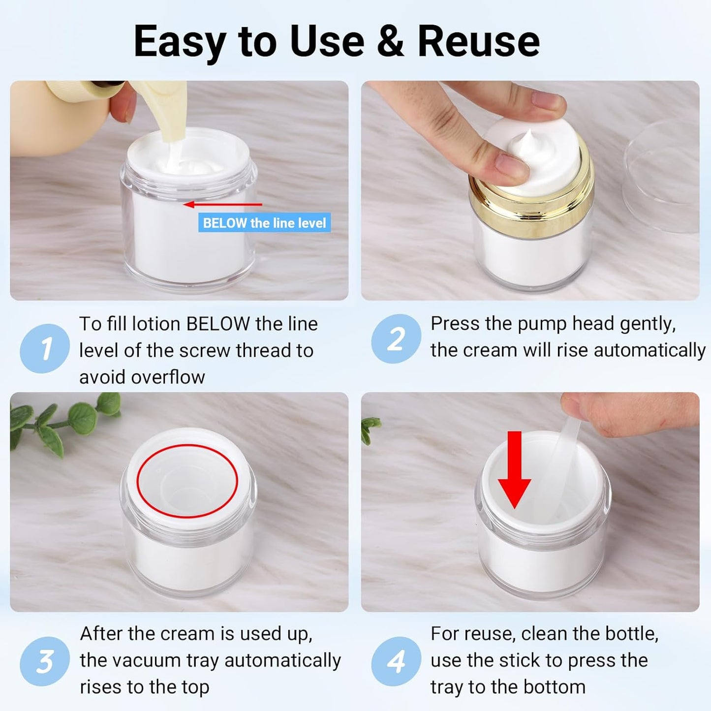 Segbeauty 1oz Travel Jars for Creams, 4pcs 30ml Airless Pump Jars Refillable Travel Bottles Empty Makeup Containers Lotion Dispenser, Gold Jar for Creams for Toiletries Moisturizer Container