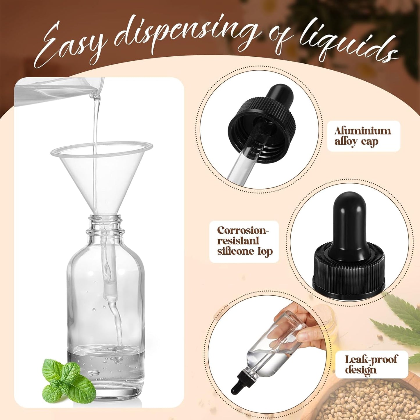 Lallisa 48 Pcs Glass Dropper Bottles with Eye Dropper Dispensers Lab Dropping Bottles with 4 Pcs Long Pipettes 4 Funnel and 80 Label for Travel Cuticle Massage Essential Oils Perfume (Clear,4 oz)