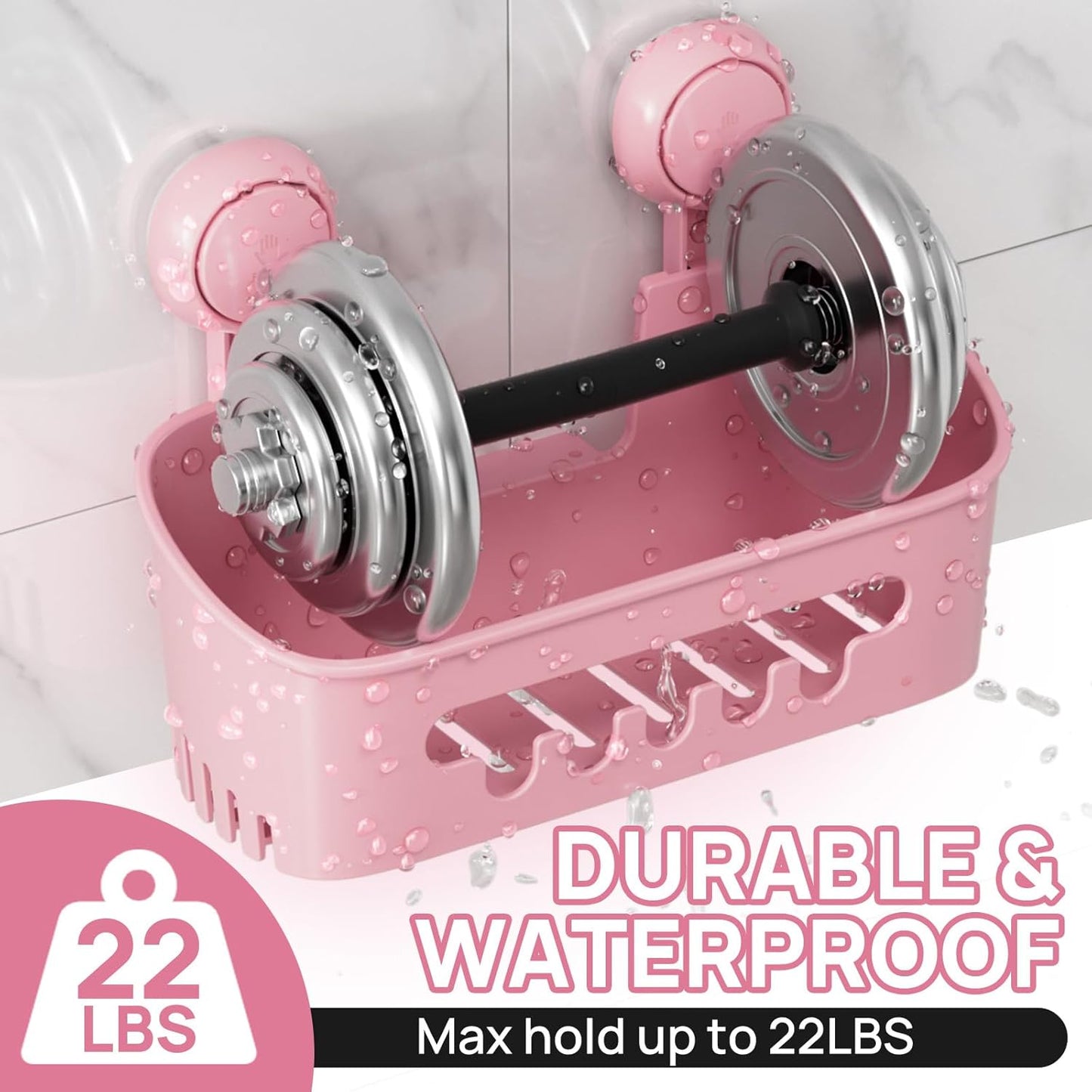 LEVERLOC Shower Caddy Suction Cup Set Shower Organizer & Soap Holder & Toothbrush Holder, Bathroom Shelf Basket NO-Drilling, Removable Suction Storage Waterproof Bathroom Caddy, Pink