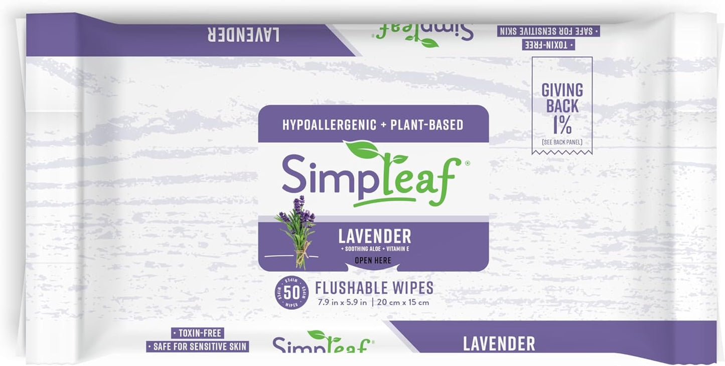 Simpleaf Flushable Wet Wipes Lavender | Plastic Free, Paraben & Alcohol Free | Hypoallergenic & Safe for Sensitive Skin | Soothing Aloe Formula | Adult Toilet Wipes (6 x 50 Counts Pack) 300 Counts